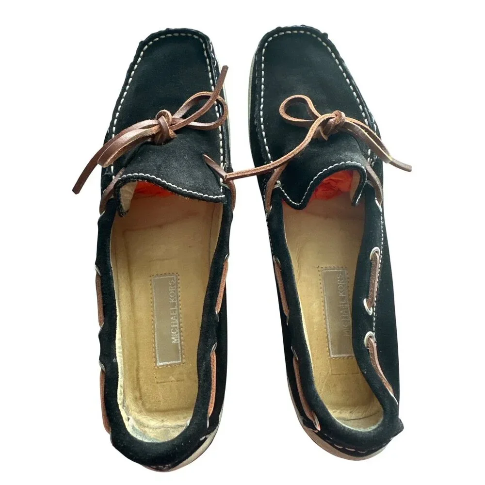 Michael Kors Black Loafers Suede Boat Shoes Leather Laces Made In Italy Size 9
